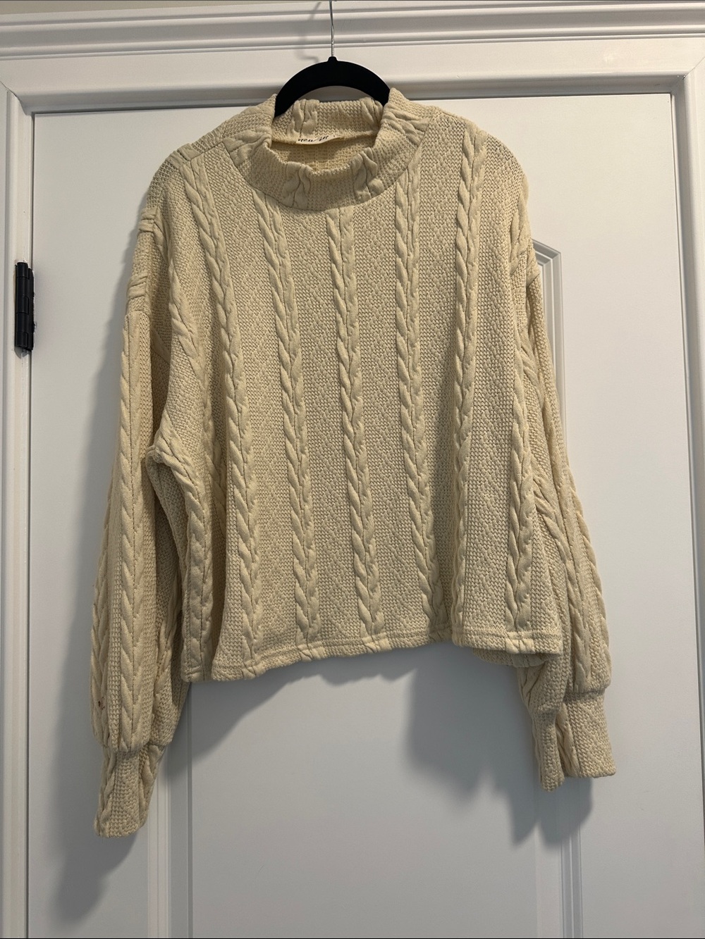 Cream Cable-Knit Funnel Neck Shirt Sweater